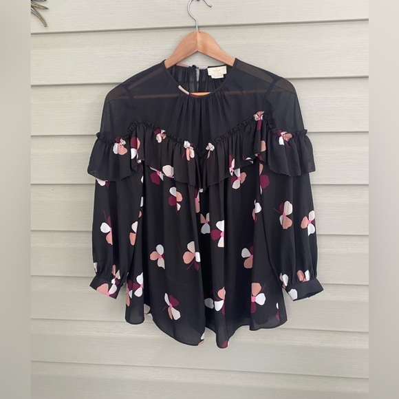 KATE SPADE Black Floral ruffle blouse NWOT preppy cute chic spring chiffon sz S - Picture 14 of 14